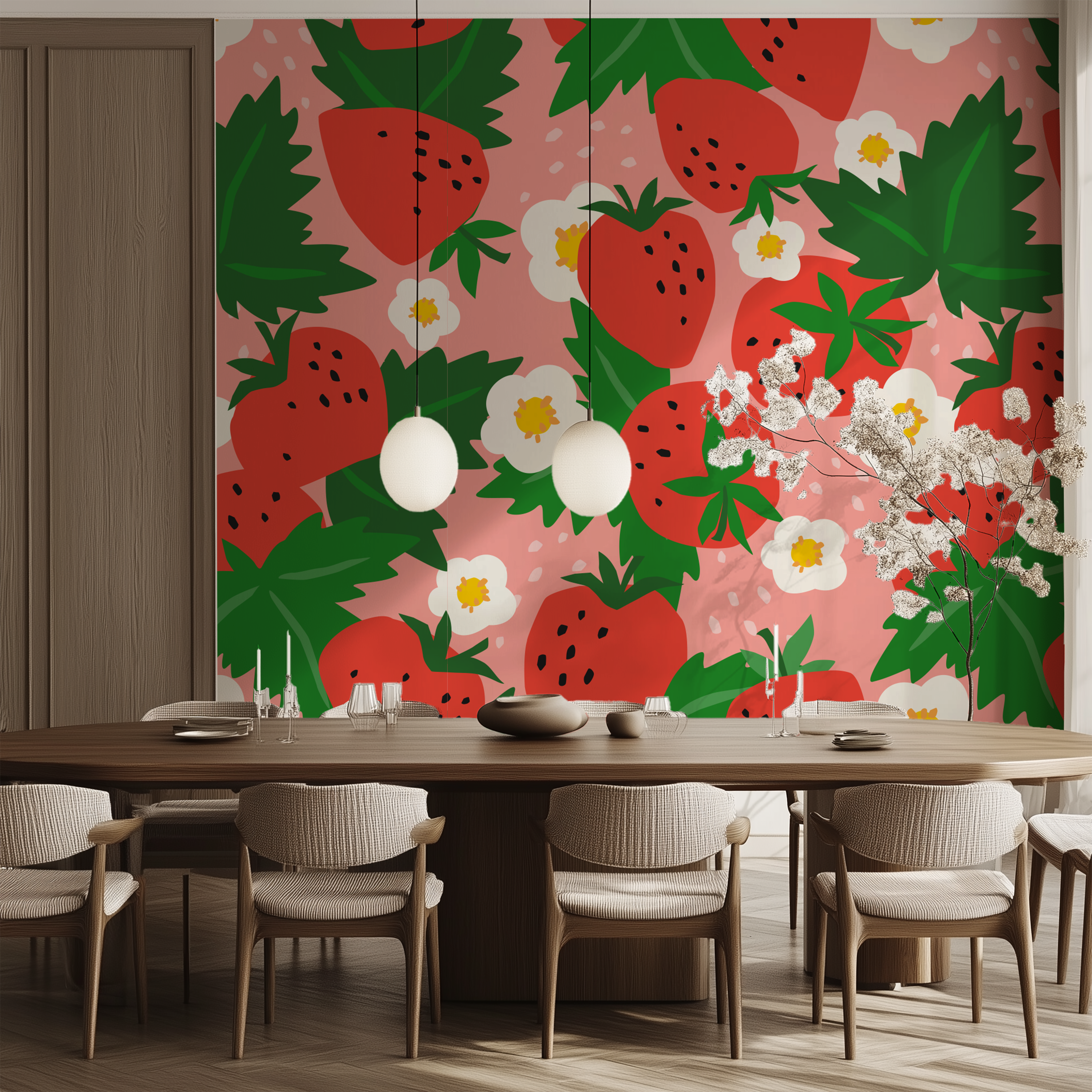 Fruit Pop Strawberry Wallpaper behind a curved white sofa in a bright organic modern living room.