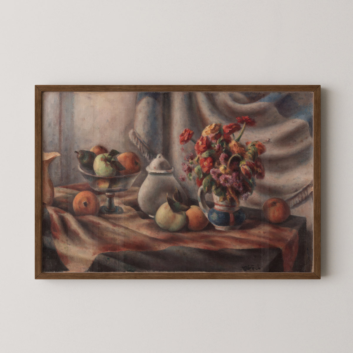 Fruits and Flowers by Henry Lee McFee, art print in a dark wood frame