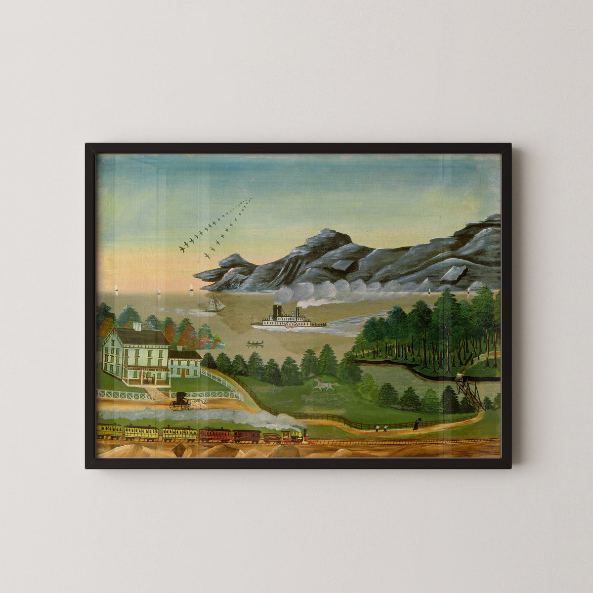 Geese in Flight by Leila T. Bauman art print in a black frame, showing flying geese above a river landscape
