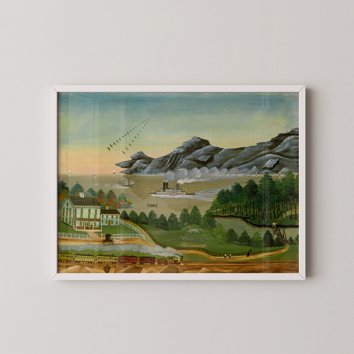 White-framed Geese in Flight by Leila T. Bauman art print, featuring flying geese above a river landscape