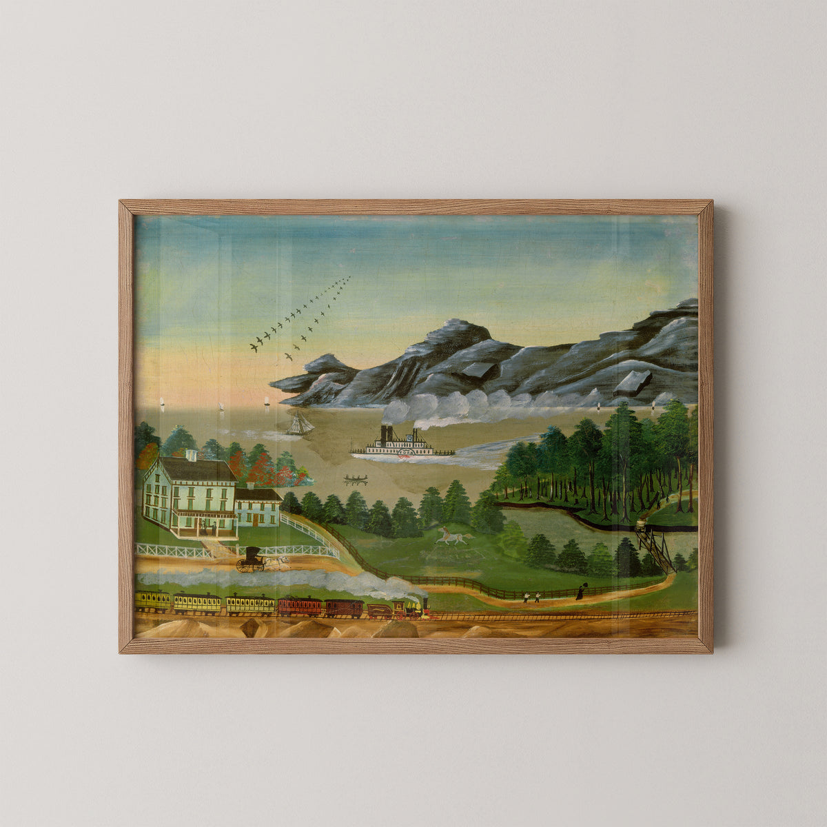 Natural wood-framed Geese in Flight by Leila T. Bauman art print, showing flying geese above a river landscape