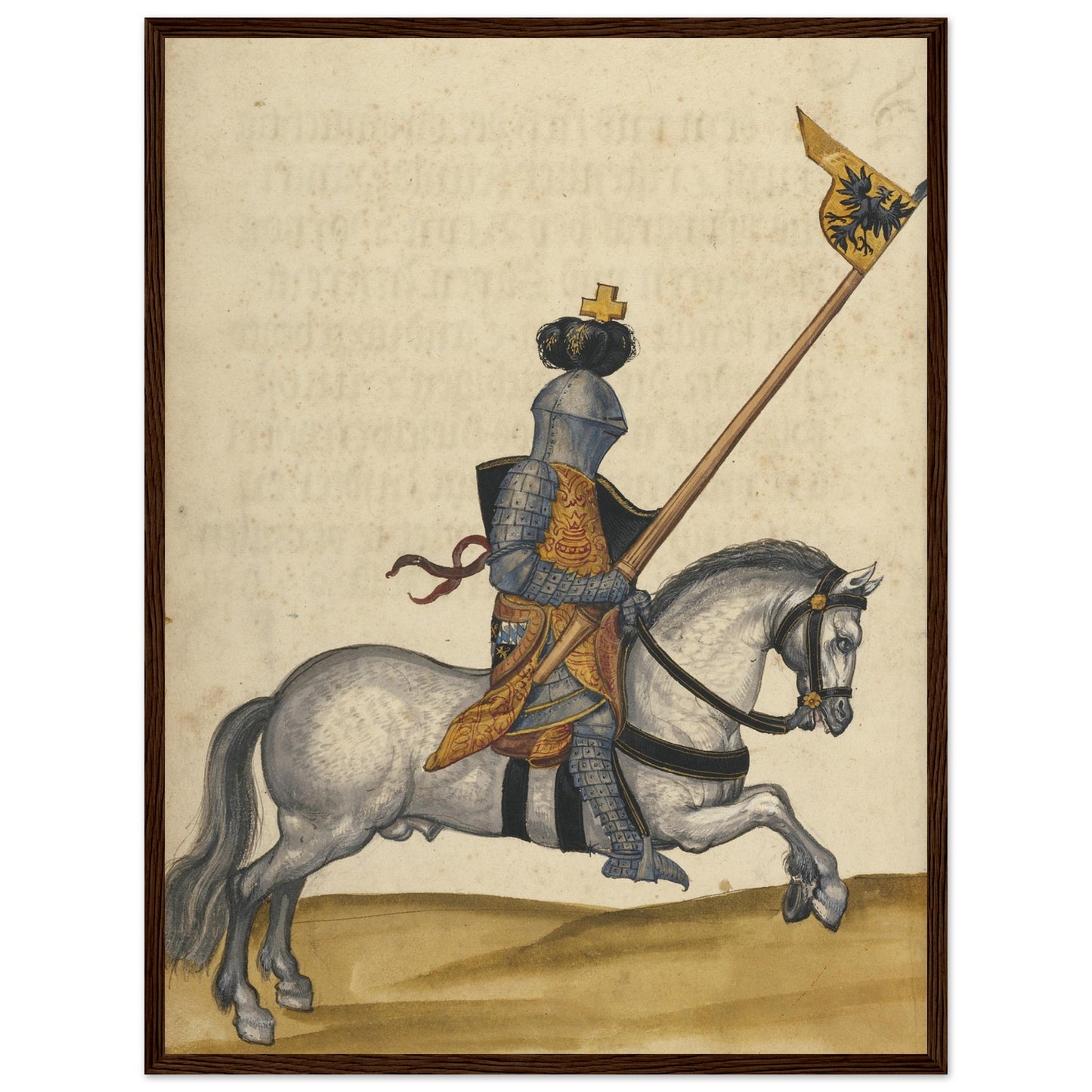 Historic German codex illustration of a medieval knight in blue armor carrying a lance with an eagle emblem.