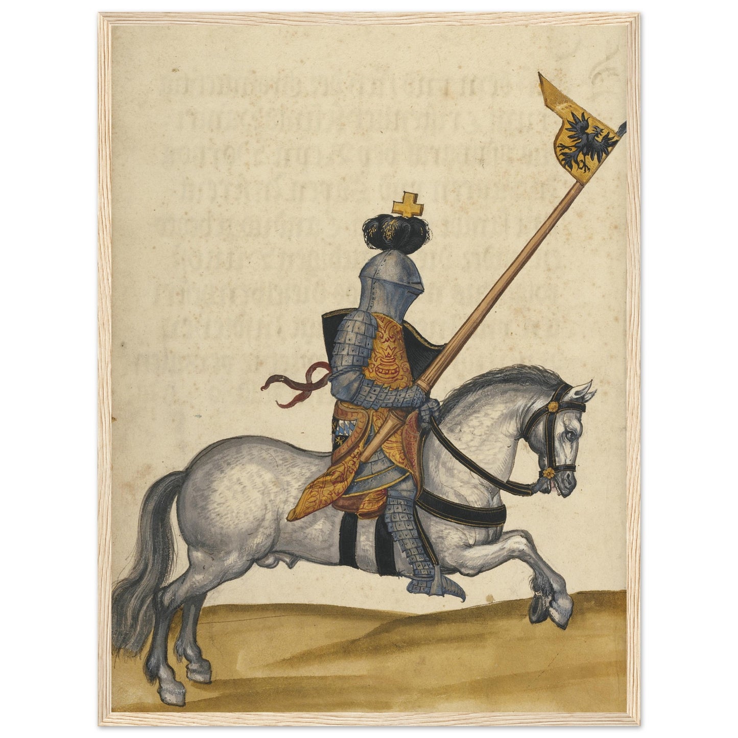 Vintage art print of an armored German knight riding a white horse, inspired by illuminated medieval manuscripts.
