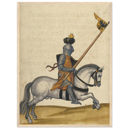 Vintage art print of an armored German knight riding a white horse, inspired by illuminated medieval manuscripts.