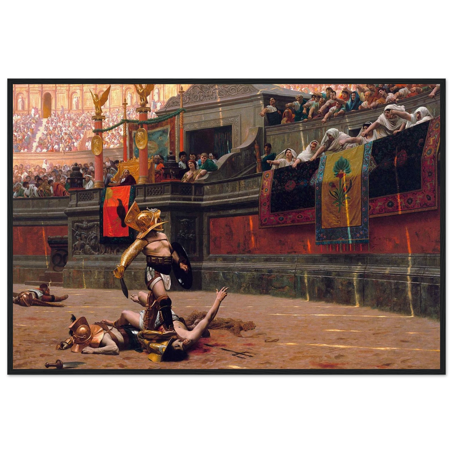 Archival art print of Gérôme’s Pollice Verso gladiator scene, angled to show fine museum-grade paper texture and print quality
