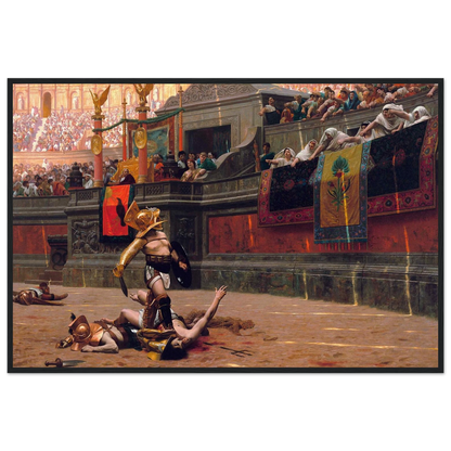 Archival art print of Gérôme’s Pollice Verso gladiator scene, angled to show fine museum-grade paper texture and print quality