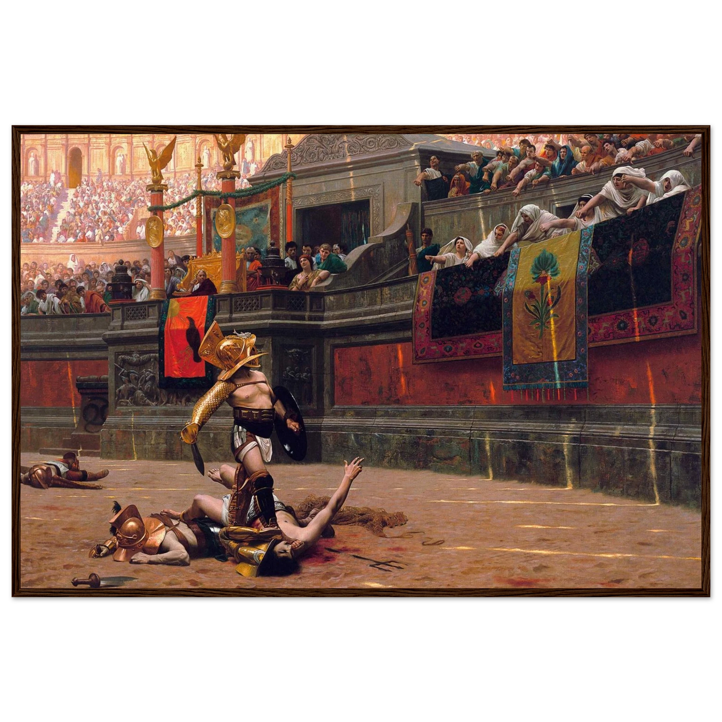 Pollice Verso gladiator scene by Jean-Léon Gérôme in a black wooden frame, depicting the victorious fighter in the Roman Colosseum.