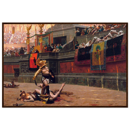 Pollice Verso gladiator scene by Jean-Léon Gérôme in a black wooden frame, depicting the victorious fighter in the Roman Colosseum.