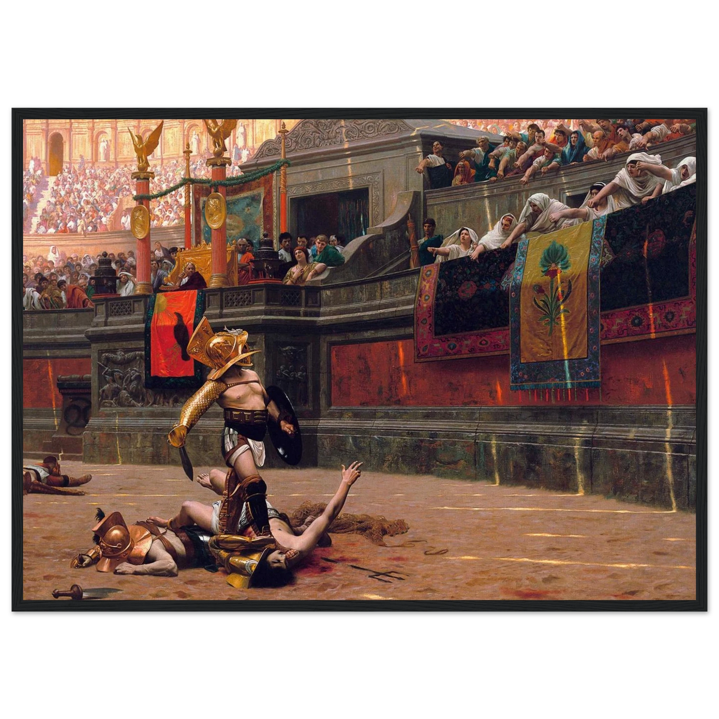 Close-up of Jean-Léon Gérôme’s Pollice Verso artwork, highlighting the expressions of the Roman crowd and emperor delivering the thumbs-down