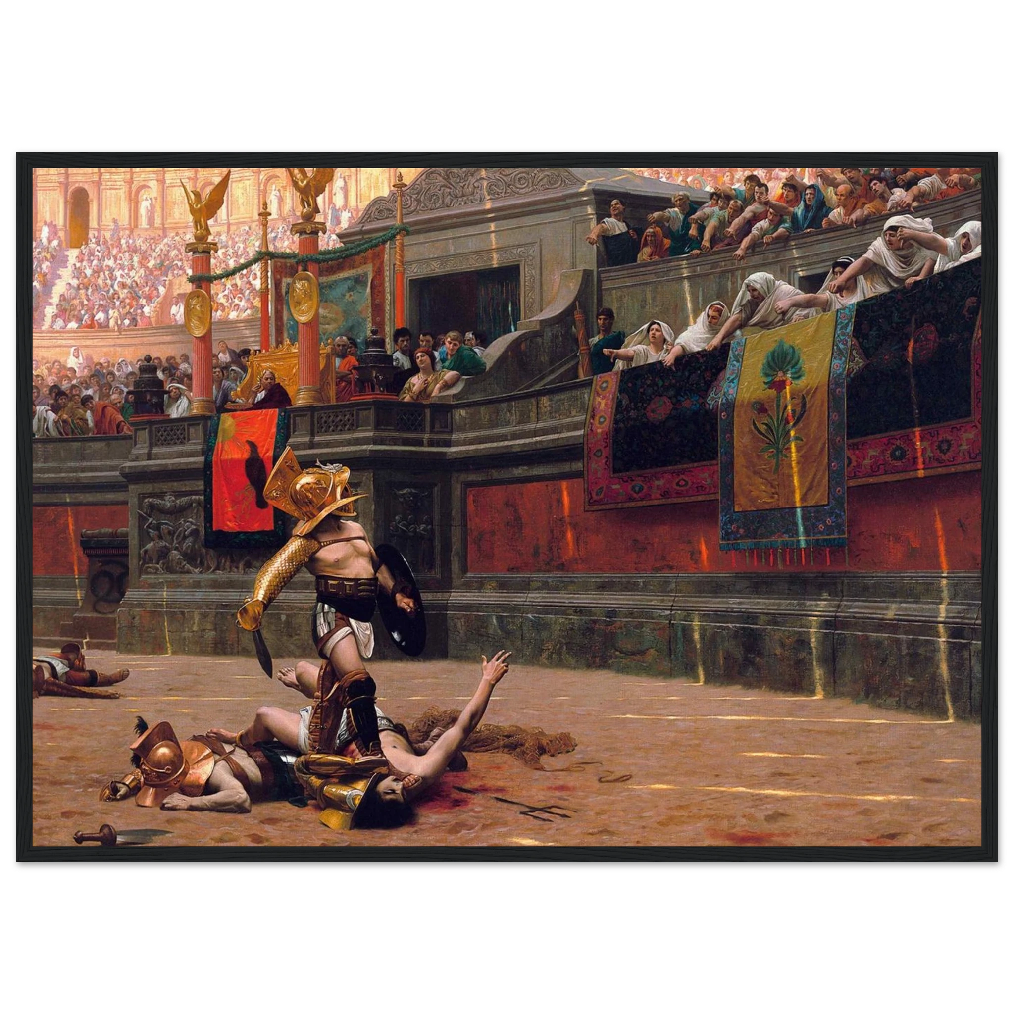 Close-up of Jean-Léon Gérôme’s Pollice Verso artwork, highlighting the expressions of the Roman crowd and emperor delivering the thumbs-down