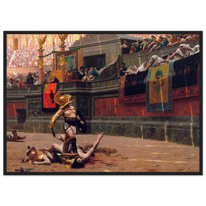 Close-up of Jean-Léon Gérôme’s Pollice Verso artwork, highlighting the expressions of the Roman crowd and emperor delivering the thumbs-down