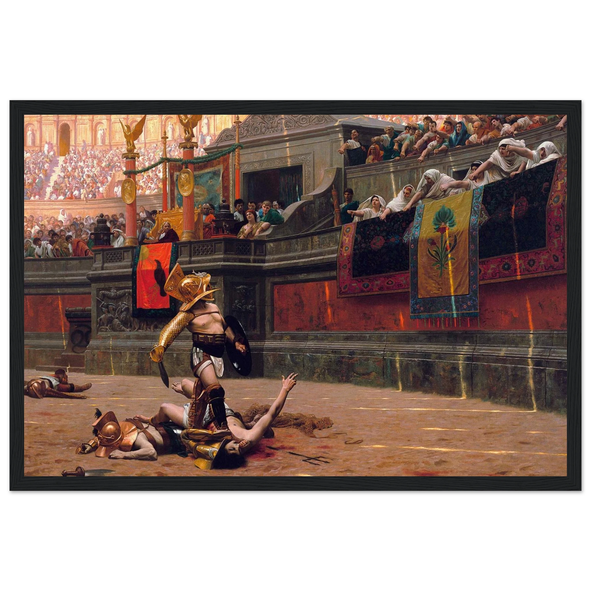 This high-quality reproduction print of Pollice Verso (1872) by Jean-Léon Gérôme captures one of the most famous gladiator battle scenes in art history. The painting depicts a victorious gladiator in the Roman Colosseum, as the crowd and emperor signal the fighter’s fate with the infamous thumbs-down gesture. Gérôme’s work is celebrated for its historical accuracy, dramatic tension, and rich detail, making it the definitive artistic vision of gladiatorial combat. Printed on archival-grade paper using museum