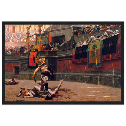 This high-quality reproduction print of Pollice Verso (1872) by Jean-Léon Gérôme captures one of the most famous gladiator battle scenes in art history. The painting depicts a victorious gladiator in the Roman Colosseum, as the crowd and emperor signal the fighter’s fate with the infamous thumbs-down gesture. Gérôme’s work is celebrated for its historical accuracy, dramatic tension, and rich detail, making it the definitive artistic vision of gladiatorial combat. Printed on archival-grade paper using museum