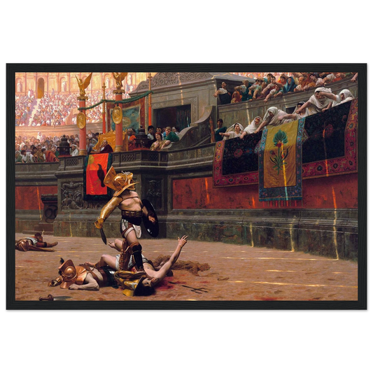 This high-quality reproduction print of Pollice Verso (1872) by Jean-Léon Gérôme captures one of the most famous gladiator battle scenes in art history. The painting depicts a victorious gladiator in the Roman Colosseum, as the crowd and emperor signal the fighter’s fate with the infamous thumbs-down gesture. Gérôme’s work is celebrated for its historical accuracy, dramatic tension, and rich detail, making it the definitive artistic vision of gladiatorial combat. Printed on archival-grade paper using museum