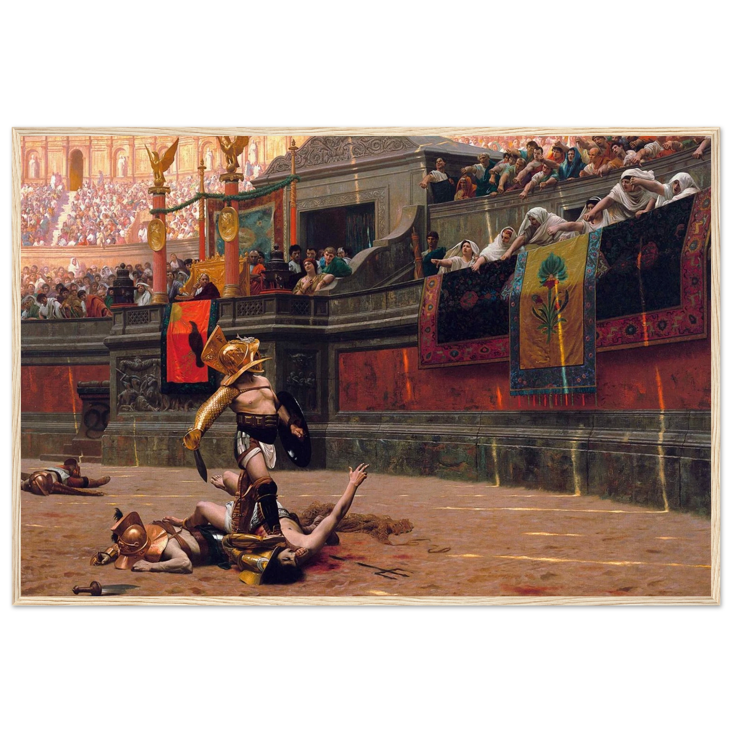 Framed reproduction of Gérôme’s Pollice Verso, showing the dramatic gladiator combat in the Colosseum with a natural oak frame.