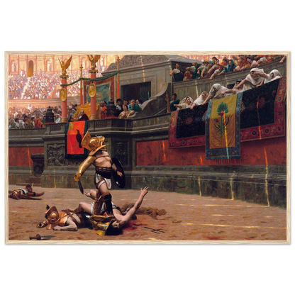 Framed reproduction of Gérôme’s Pollice Verso, showing the dramatic gladiator combat in the Colosseum with a natural oak frame.