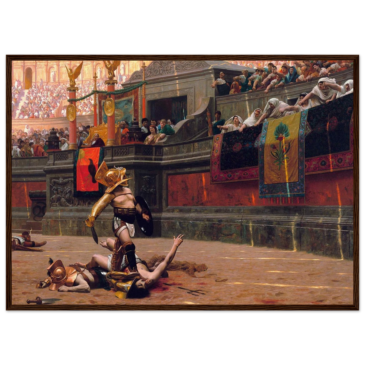 Side-angle view of Gérôme’s Pollice Verso gladiator painting print, emphasizing archival-quality paper and framing details