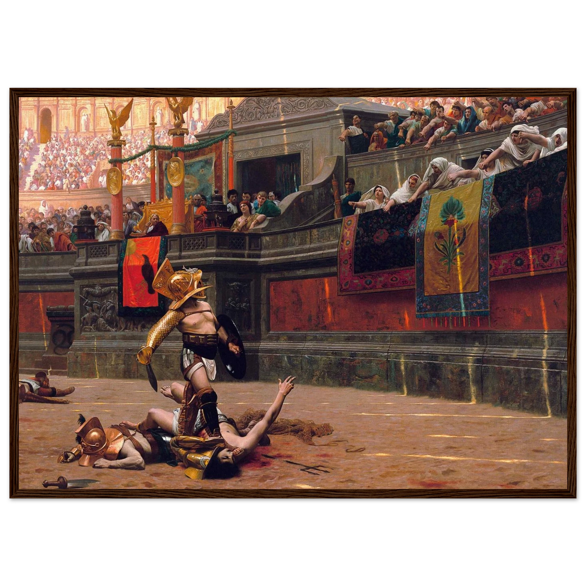 Side-angle view of Gérôme’s Pollice Verso gladiator painting print, emphasizing archival-quality paper and framing details