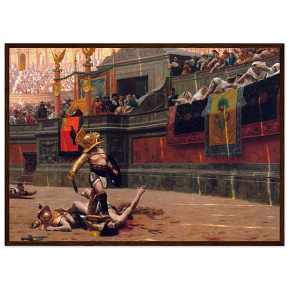 Side-angle view of Gérôme’s Pollice Verso gladiator painting print, emphasizing archival-quality paper and framing details