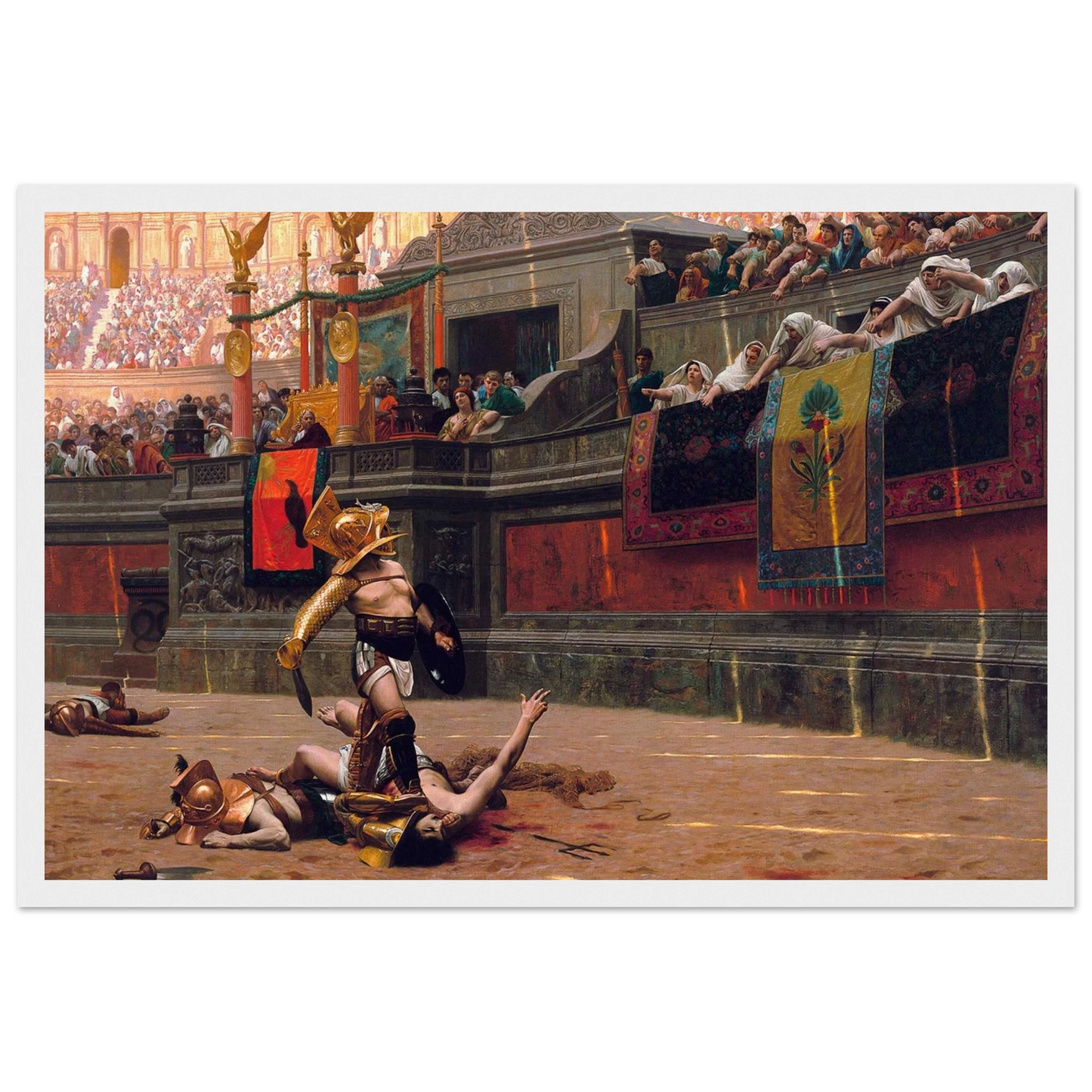 Pollice Verso gladiator battle artwork by Jean-Léon Gérôme, displayed as framed wall art in a modern living room interior