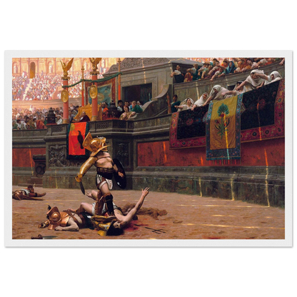 Pollice Verso gladiator battle artwork by Jean-Léon Gérôme, displayed as framed wall art in a modern living room interior