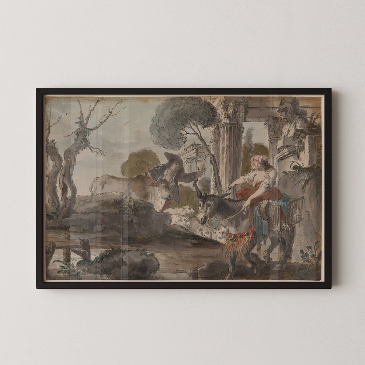 Arcadian Landscape by Giovanni David, with a central cow and ruined columns, black frame