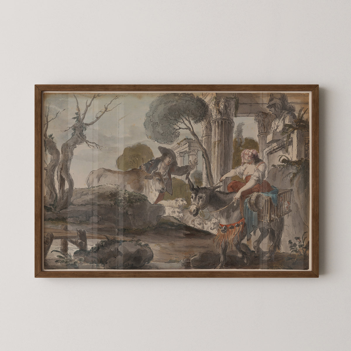 Arcadian Landscape with a red-clad seated figure, donkey, sheep, and classical ruins, dark wood frame