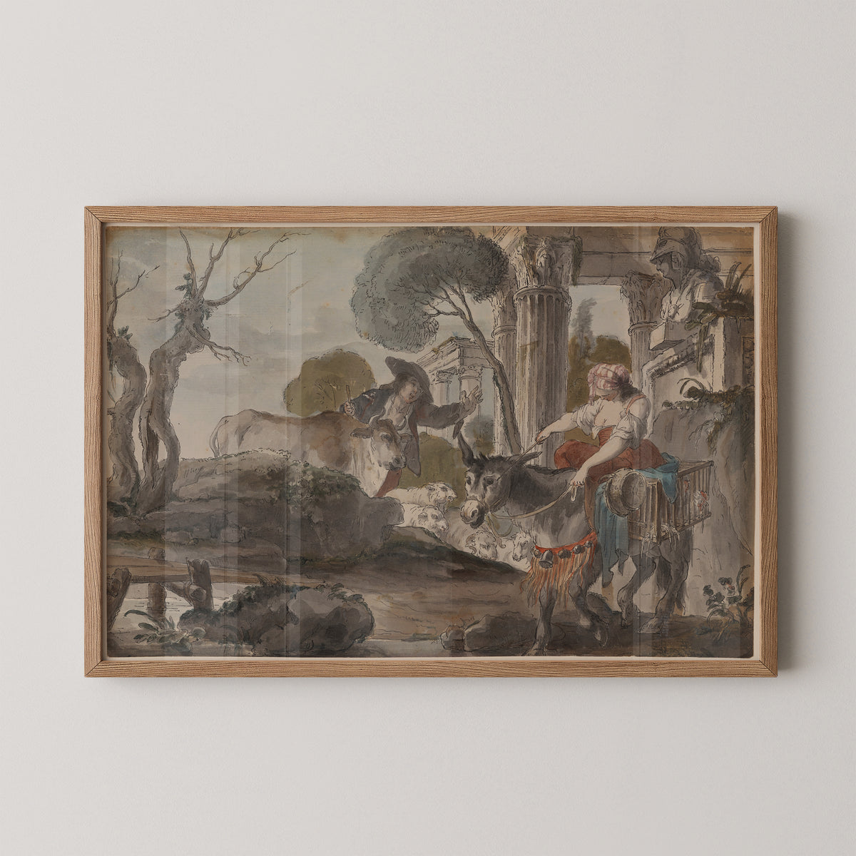 Giovanni David's Arcadian Landscape shows a seated figure, donkey, and sheep beside trees, natural wood frame