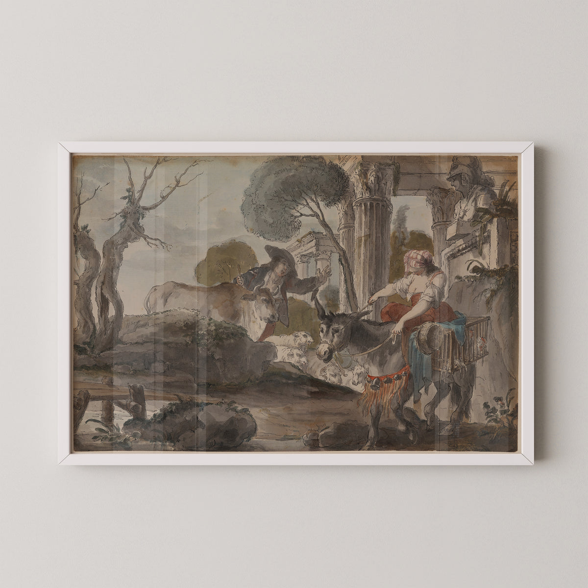 Arcadian Landscape shows a broad stream in the foreground, trees, livestock, and columns, white frame
