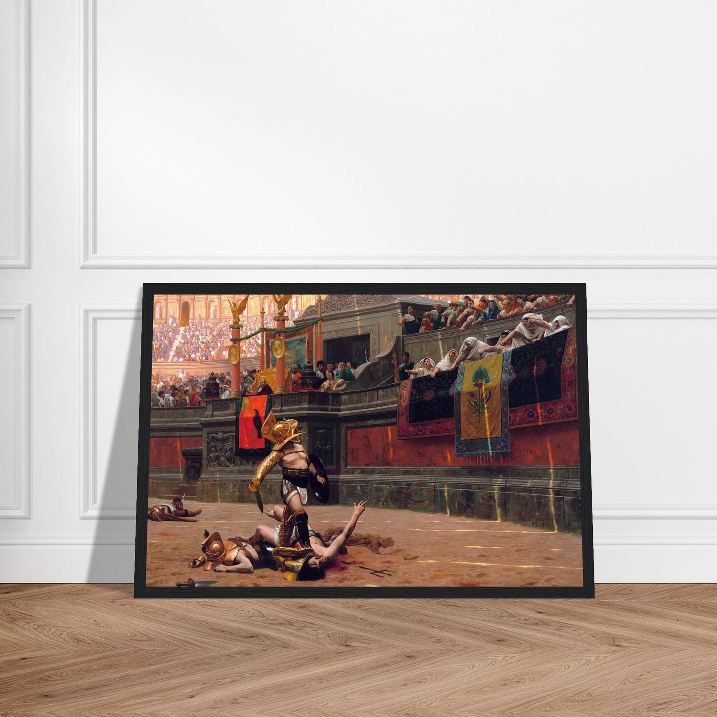 This high-quality reproduction print of Pollice Verso (1872) by Jean-Léon Gérôme captures one of the most famous gladiator battle scenes in art history. The painting depicts a victorious gladiator in the Roman Colosseum, as the crowd and emperor signal the fighter’s fate with the infamous thumbs-down gesture. Gérôme’s work is celebrated for its historical accuracy, dramatic tension, and rich detail, making it the definitive artistic vision of gladiatorial combat. Printed on archival-grade paper using museum