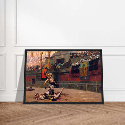 This high-quality reproduction print of Pollice Verso (1872) by Jean-Léon Gérôme captures one of the most famous gladiator battle scenes in art history. The painting depicts a victorious gladiator in the Roman Colosseum, as the crowd and emperor signal the fighter’s fate with the infamous thumbs-down gesture. Gérôme’s work is celebrated for its historical accuracy, dramatic tension, and rich detail, making it the definitive artistic vision of gladiatorial combat. Printed on archival-grade paper using museum