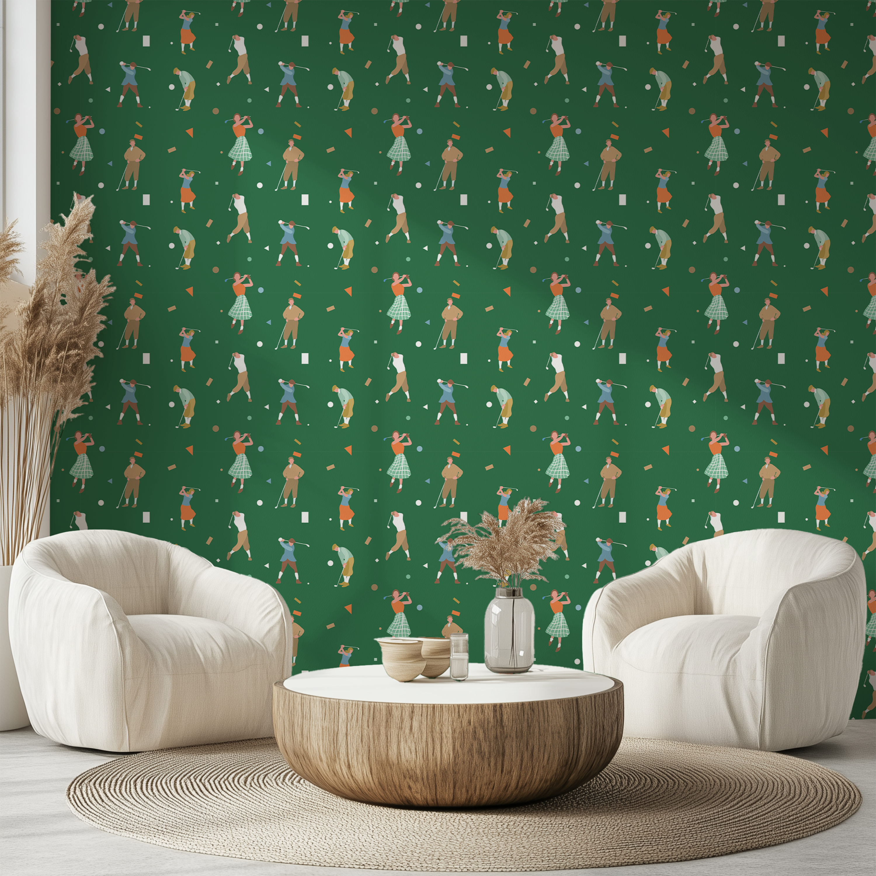 Golf themed wallpaper with illustrated male and female golfers