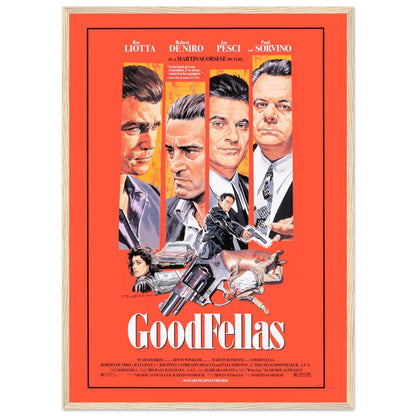 Classic 1990 Goodfellas film poster with portraits of De Niro, Pesci, Liotta, and Sorvino.