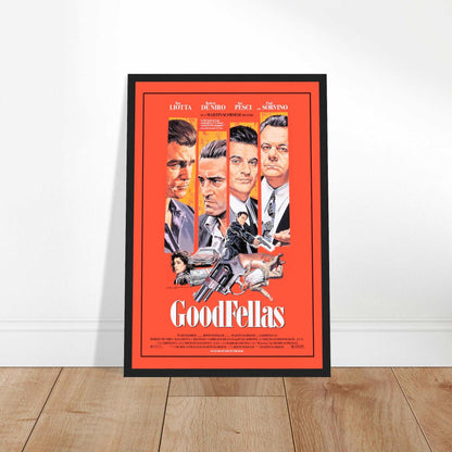 Vintage Goodfellas movie poster featuring the main cast in bold red graphic design
