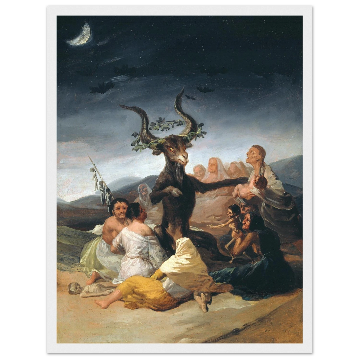 Wall art print of Goya’s Witches’ Sabbath, showing a sinister goat-headed figure leading a nocturnal ritual in eerie, dramatic tones.