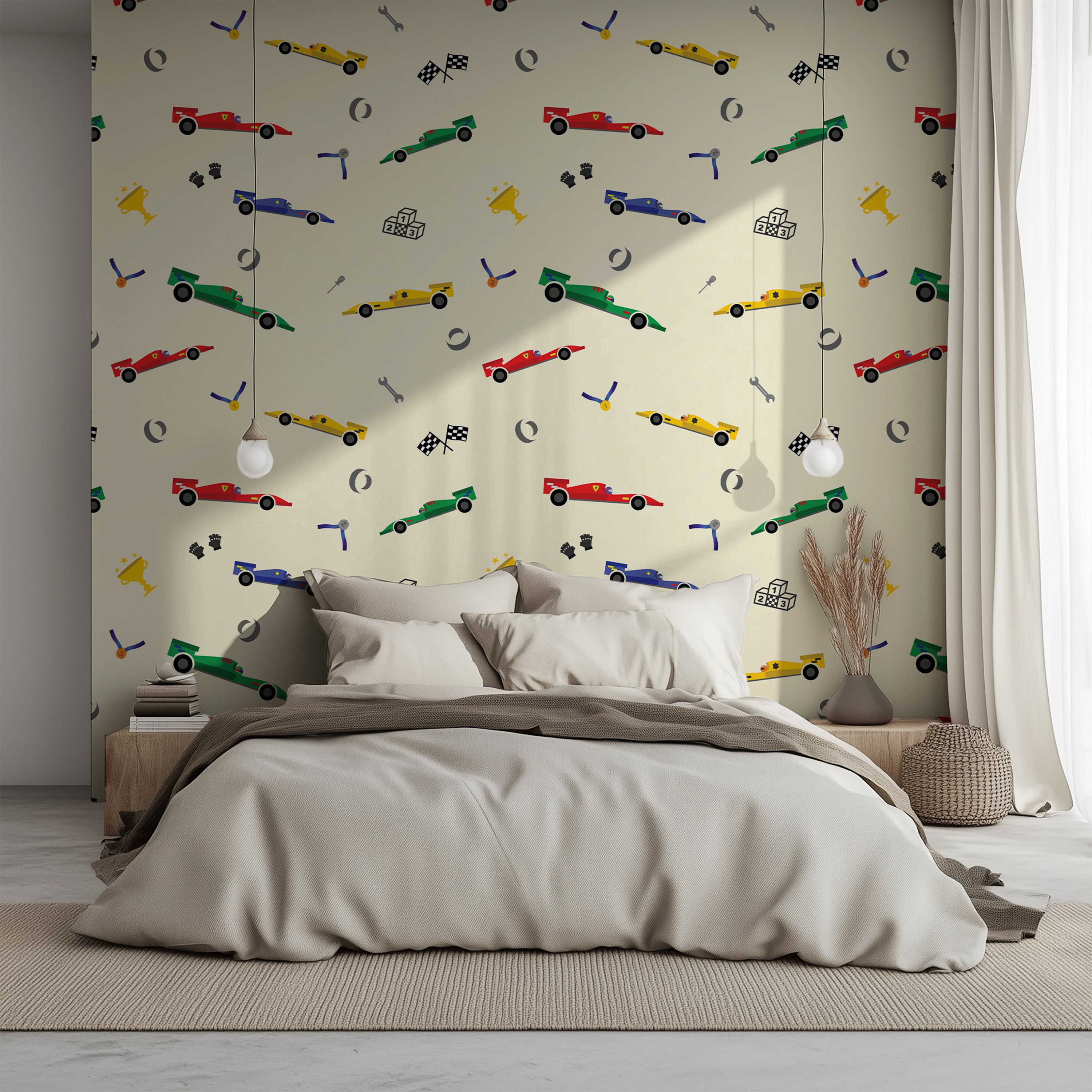 Grand Prix inspired wallpaper featuring racing cars trophies and podiums