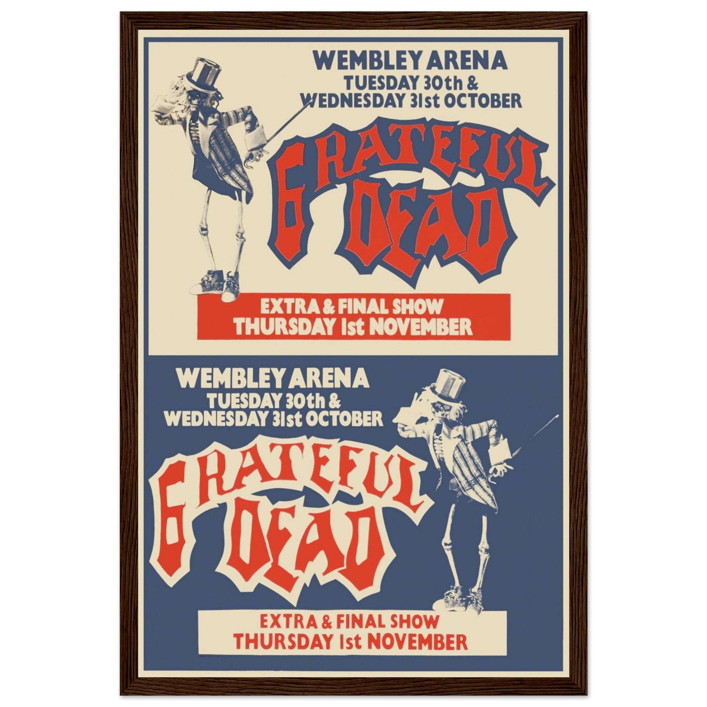 Psychedelic Grateful Dead vintage poster with skeleton artwork and Wembley Arena concert details in bold retro colors.