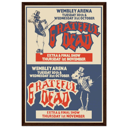 Psychedelic Grateful Dead vintage poster with skeleton artwork and Wembley Arena concert details in bold retro colors.