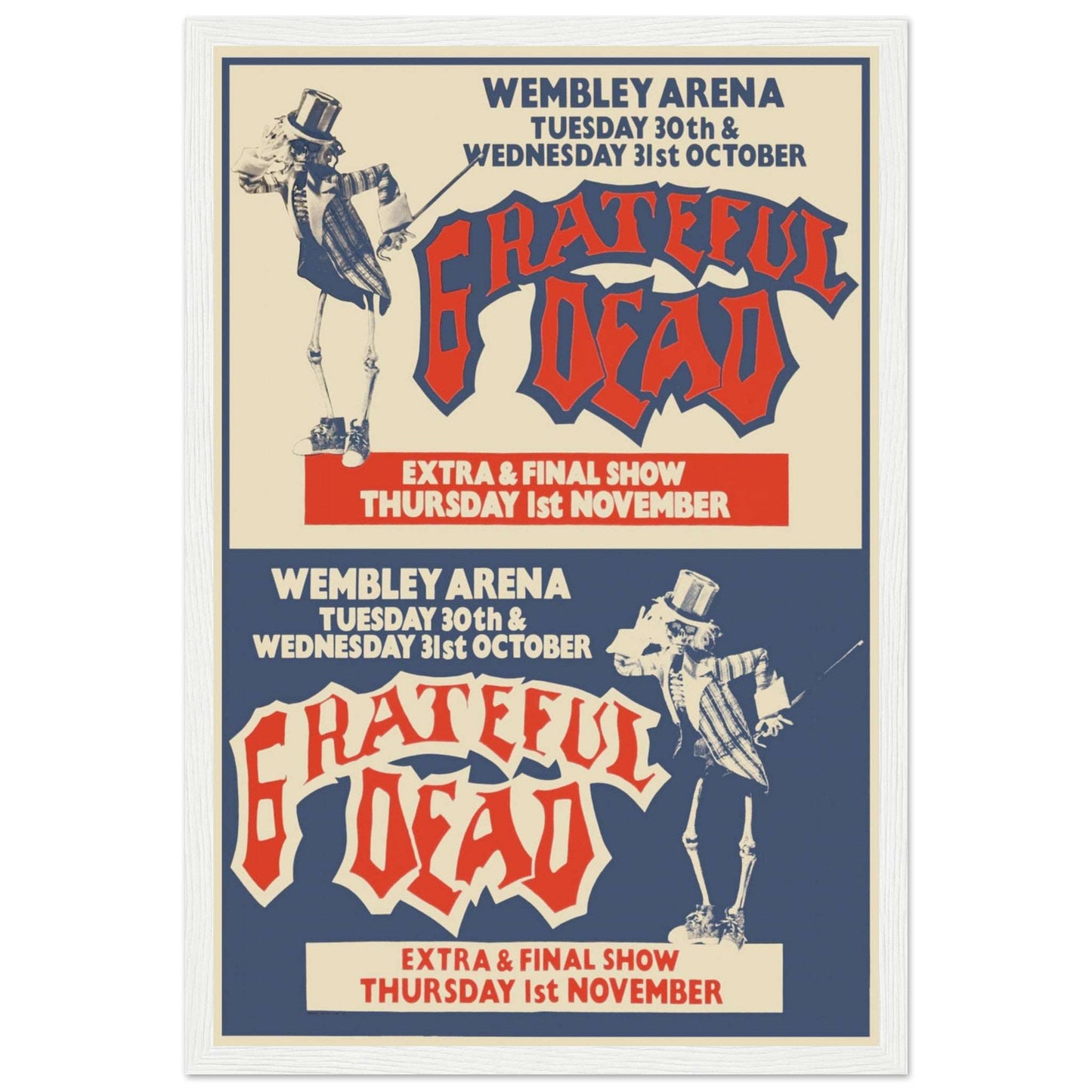Grateful Dead rock band wall art poster — vintage tour collectible featuring skeleton illustration and 1990 concert typography.