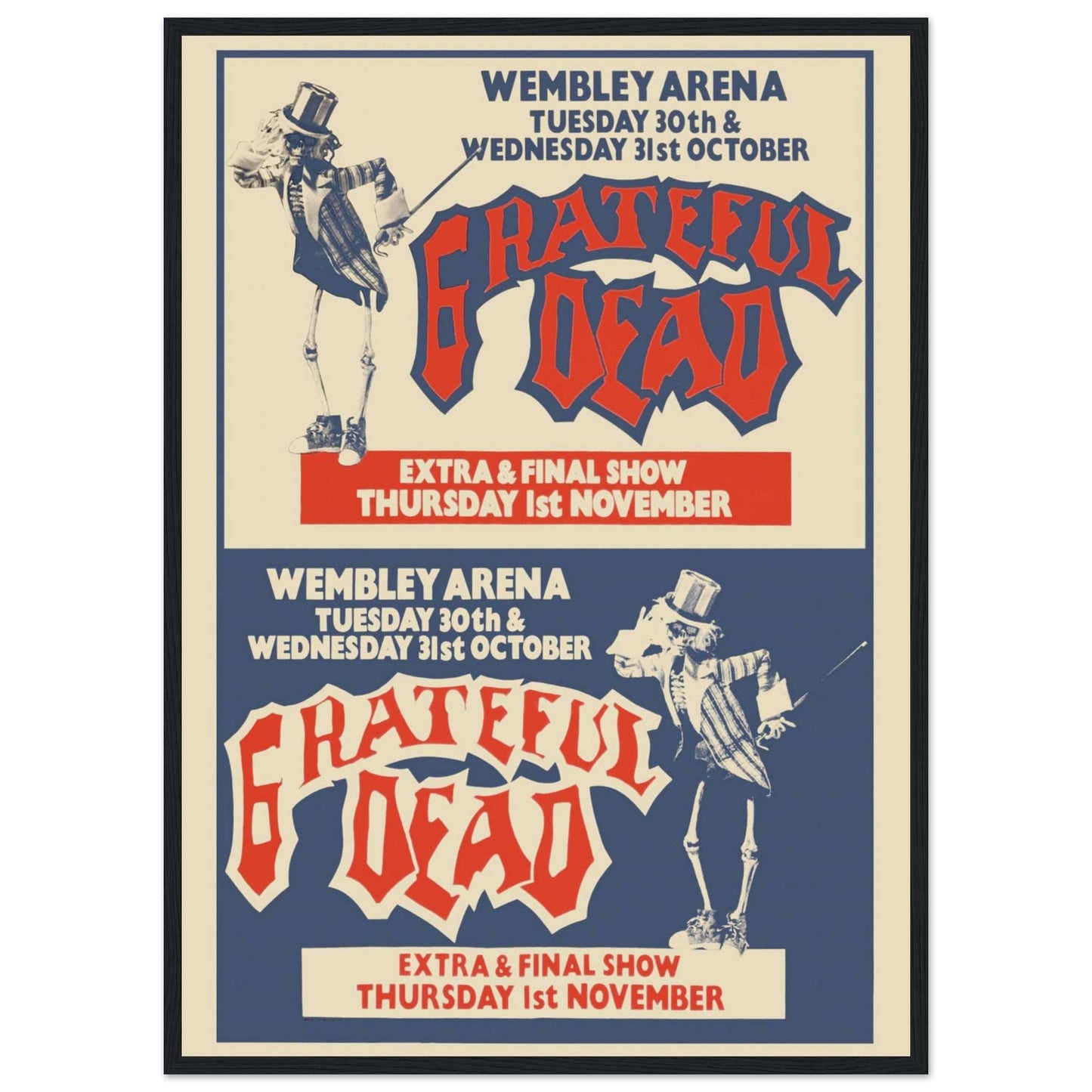 Grateful Dead vintage rock concert poster from Wembley Arena London with skeleton design — classic psychedelic music art.