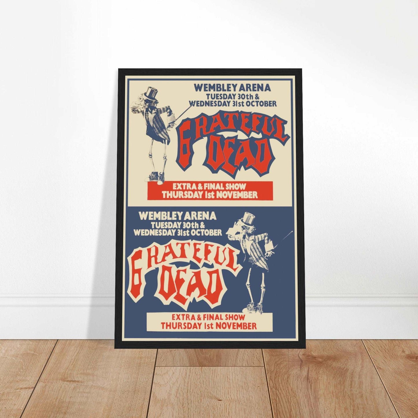 Vintage Grateful Dead Wembley Arena 1990 tour poster featuring dancing skeleton artwork and bold psychedelic typography.