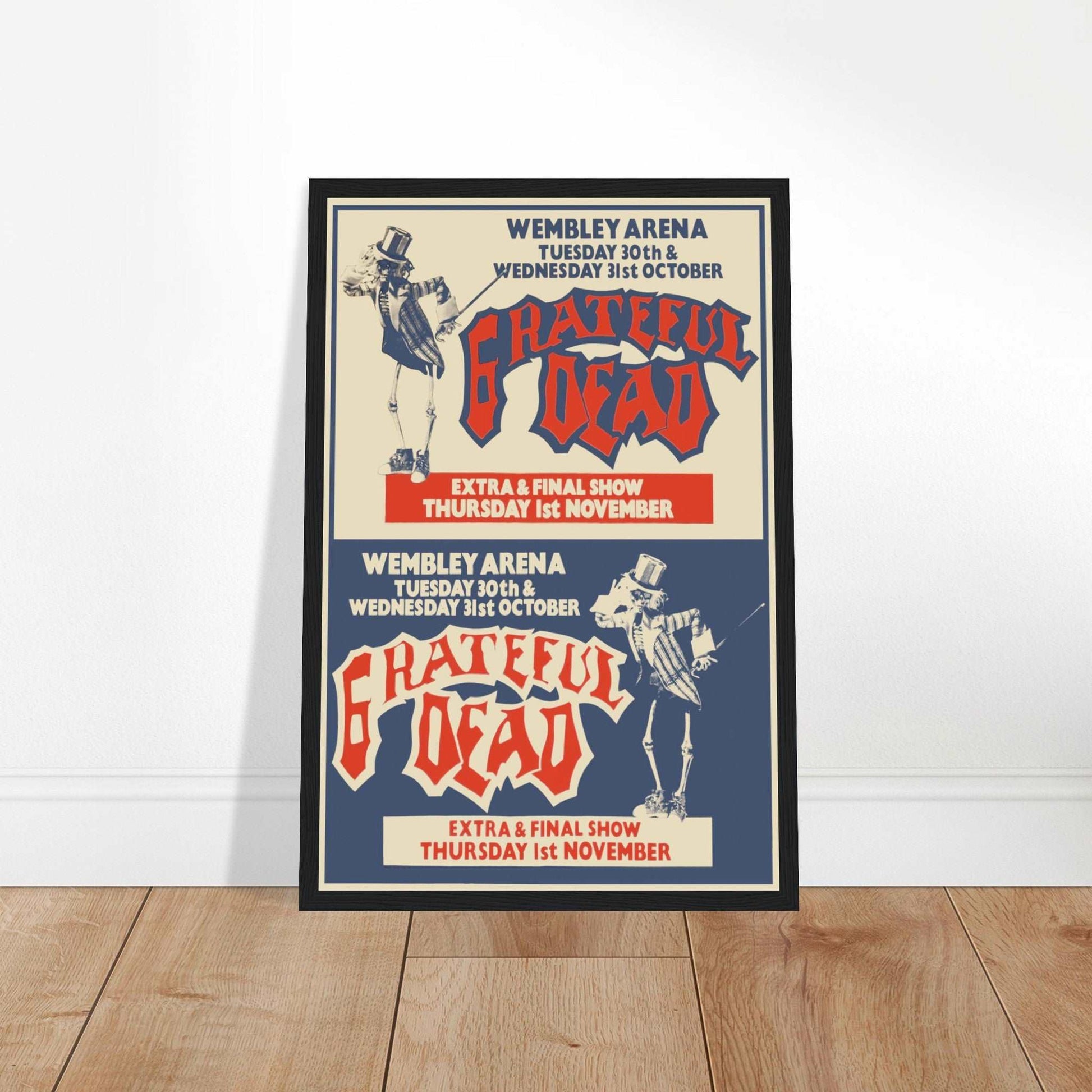 Vintage Grateful Dead Wembley Arena 1990 tour poster featuring dancing skeleton artwork and bold psychedelic typography.