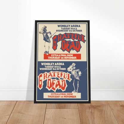 Vintage Grateful Dead Wembley Arena 1990 tour poster featuring dancing skeleton artwork and bold psychedelic typography.