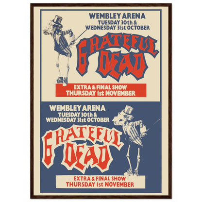 Grateful Dead Wembley Arena concert art print in red and blue with iconic skeleton illustration — vintage collectible wall decor