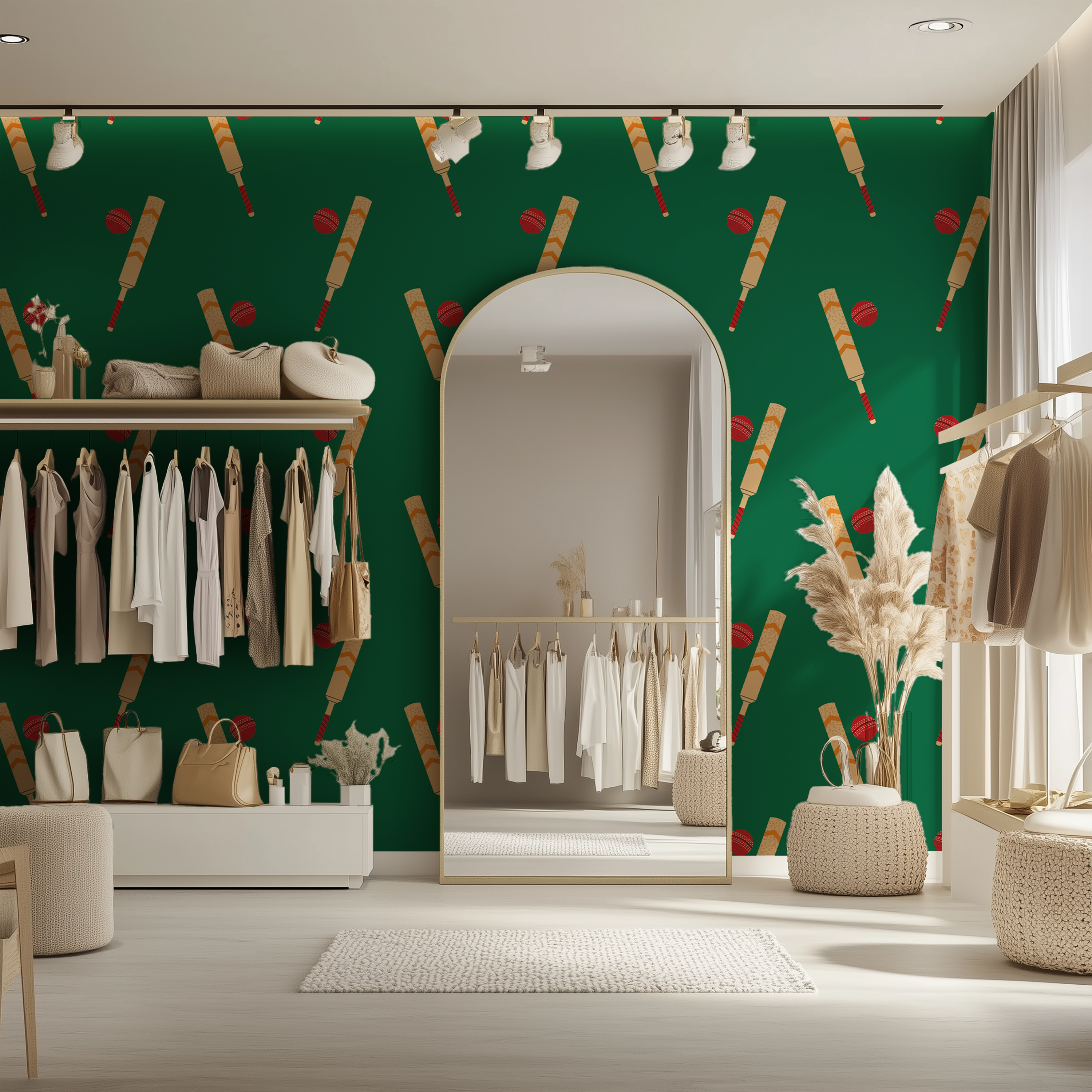 Green cricket wallpaper featuring illustrated bats and red balls