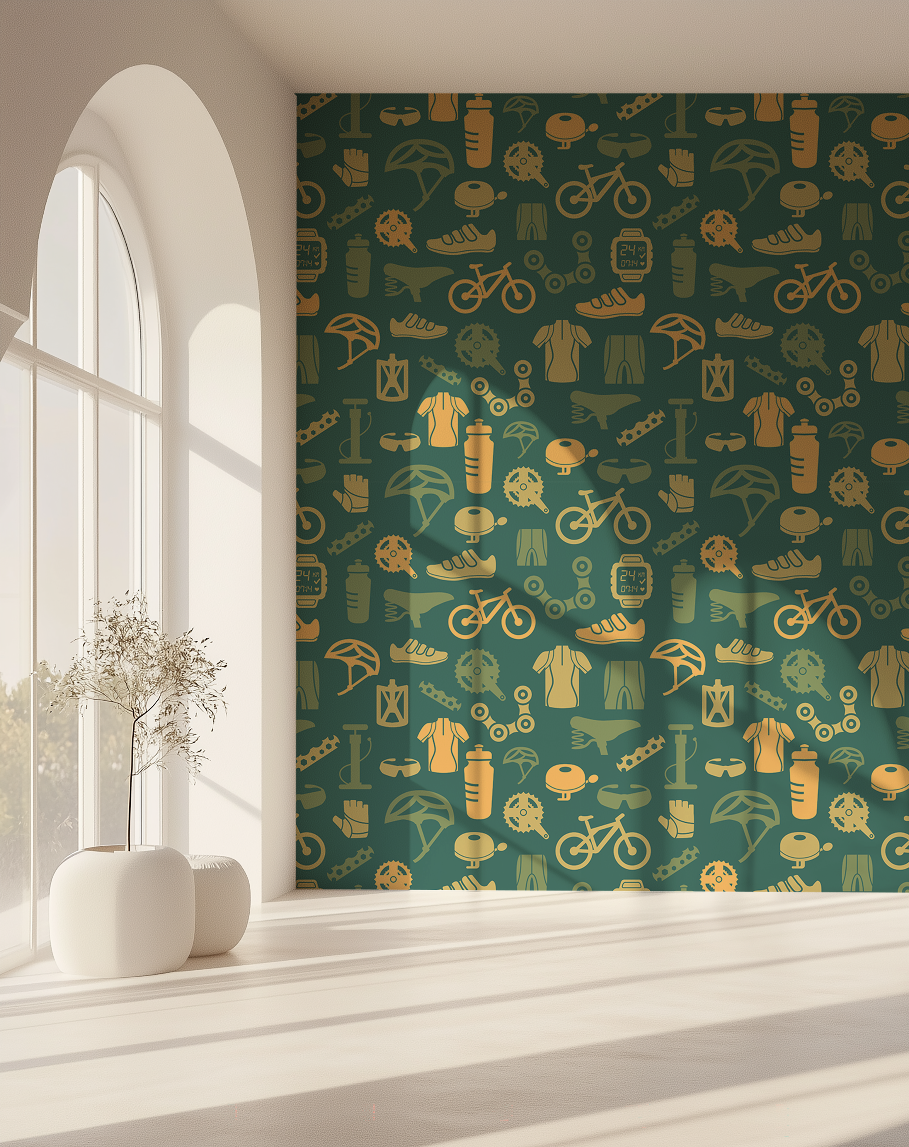 Green cycling wallpaper with bicycles helmets and cycling gear pattern