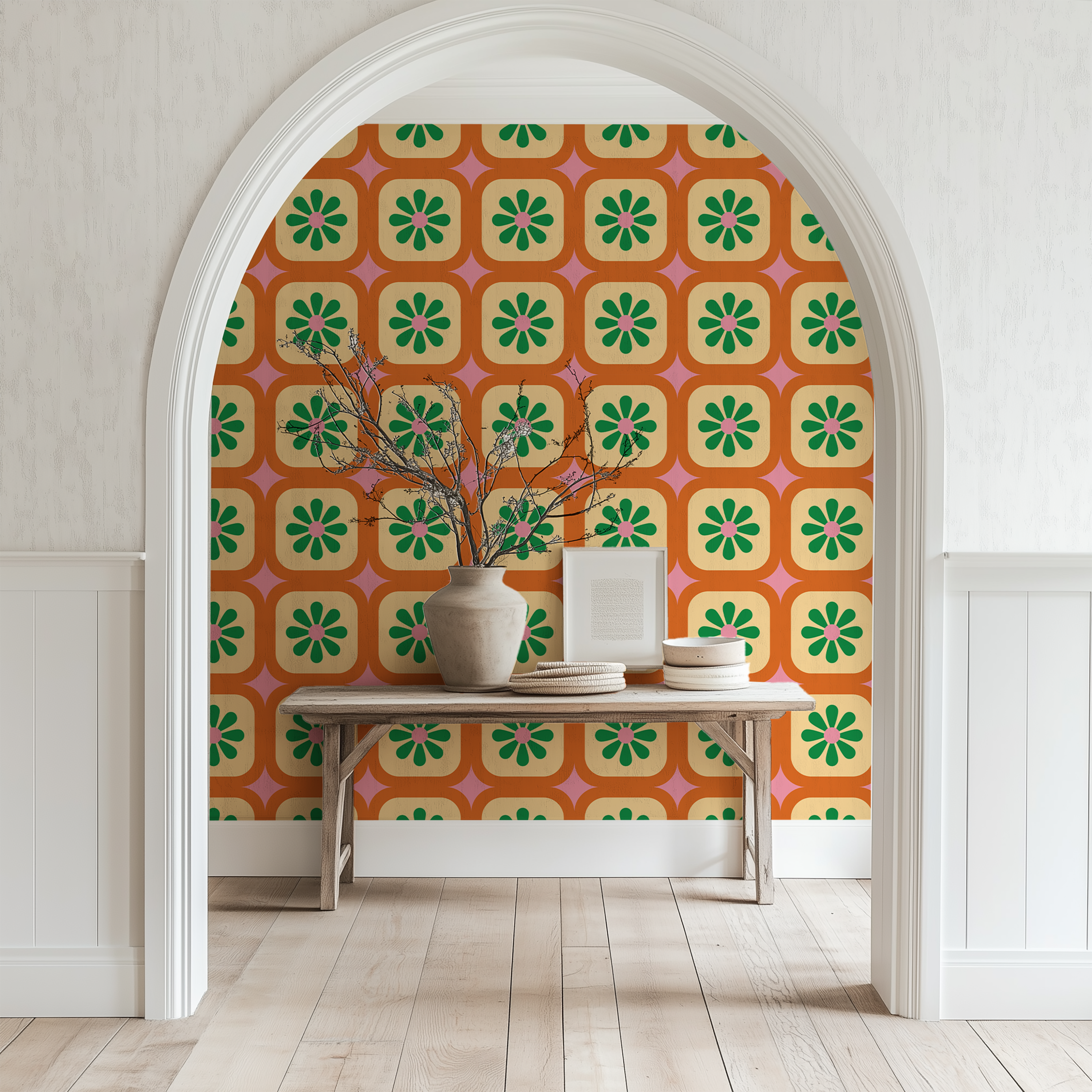 Groovy Garden Tiles Wallpaper featuring retro floral squares inspired by 70s geometric design.