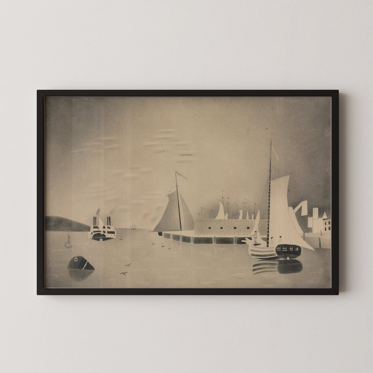 Harbor Scene by Mary Altha Nims, art print in a black frame