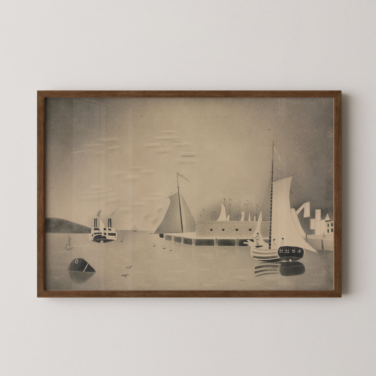 Harbor Scene by Mary Altha Nims, art print in a dark wood frame