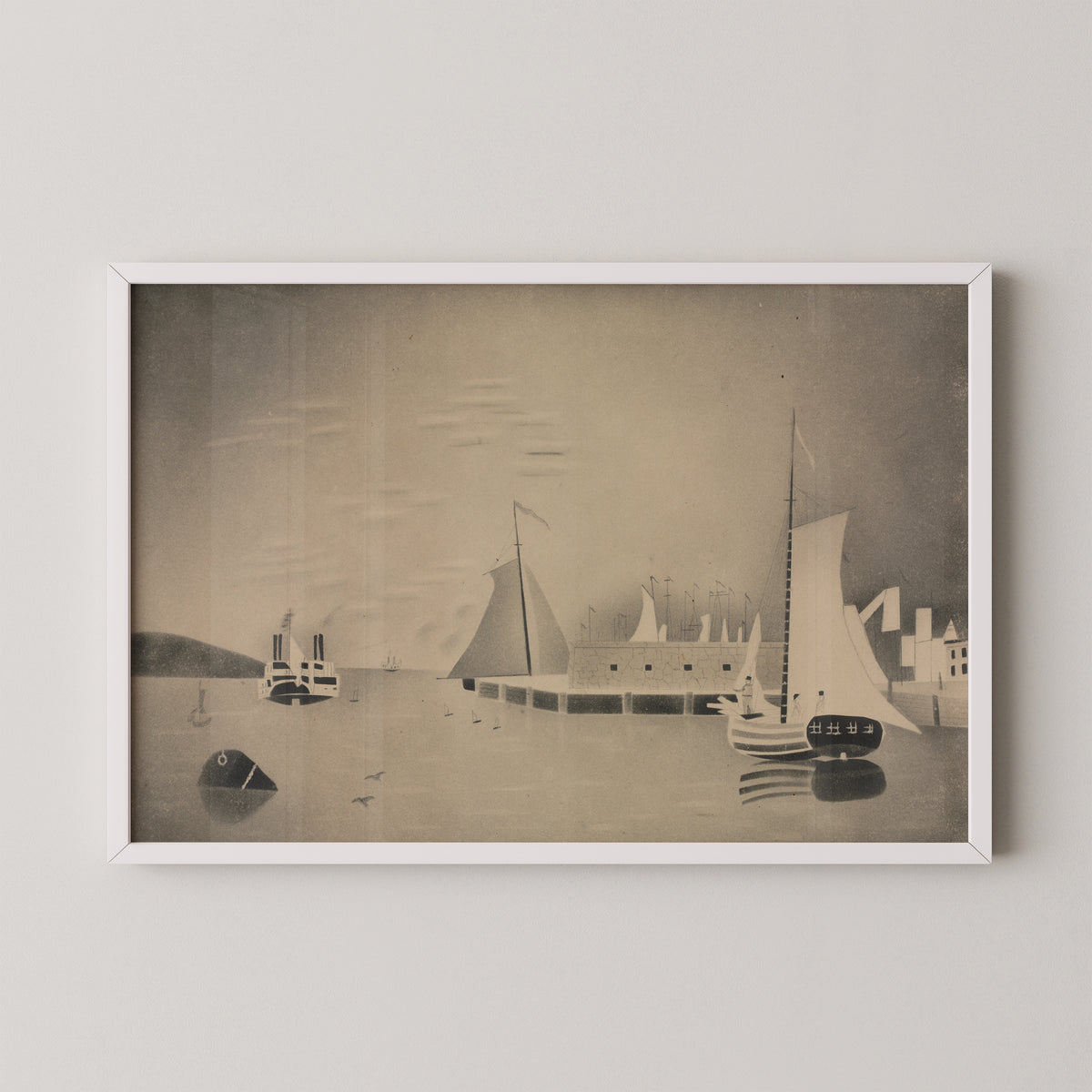 Harbor Scene by Mary Altha Nims, art print in a white frame